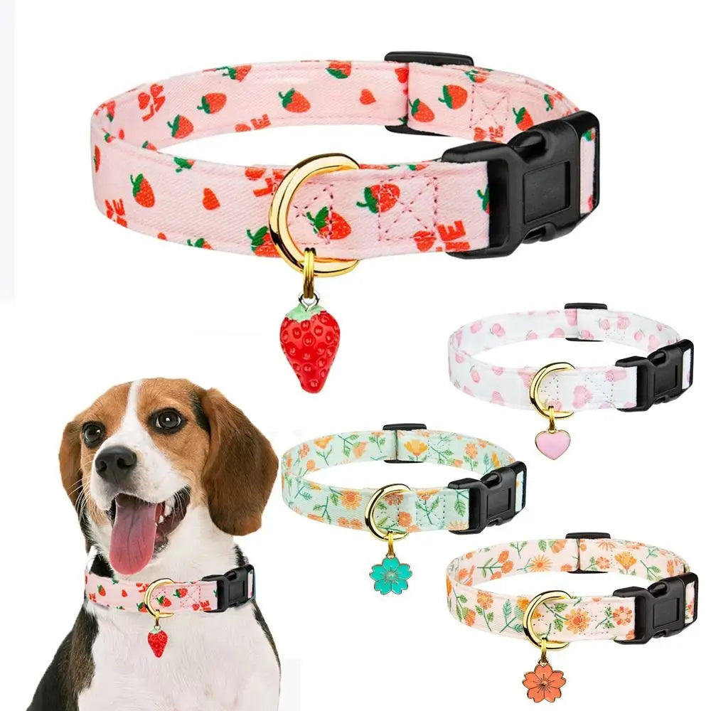 Cotton Pet Dog Collar Strawberries Flower Pattern Metal