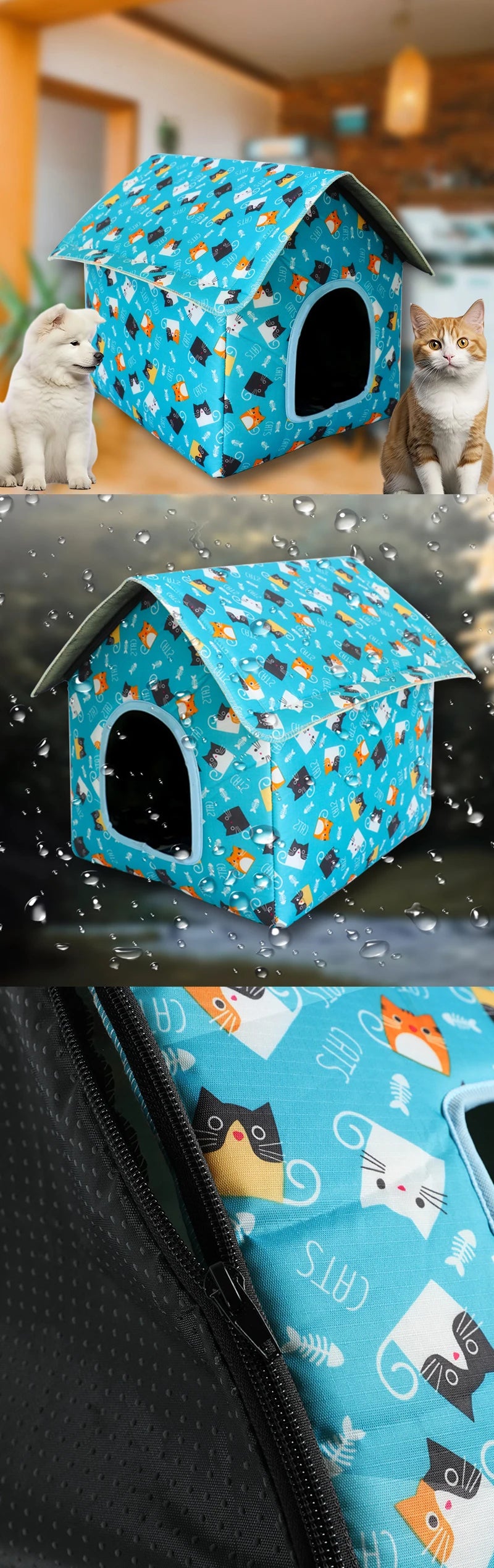 Waterproof Cat House for Outdoors Rainproof Pet Cat Cave Sleep Beds