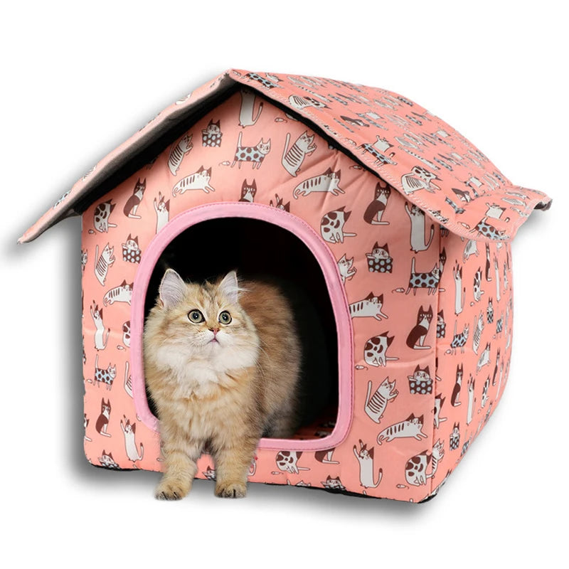 Waterproof Cat House for Outdoors Rainproof Pet Cat Cave Sleep Beds
