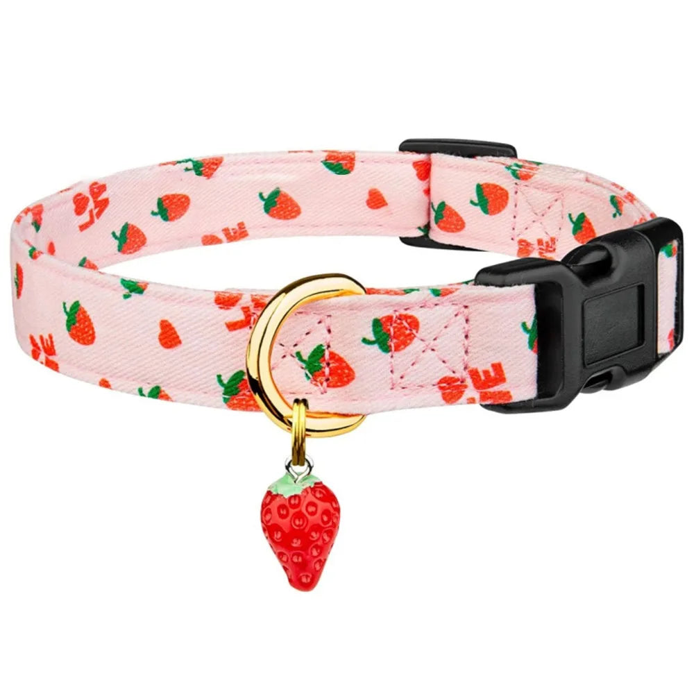 Cotton Pet Dog Collar Strawberries Flower Pattern Metal