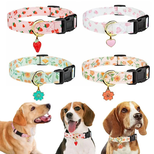 Cotton Pet Dog Collar Strawberries Flower Pattern Metal
