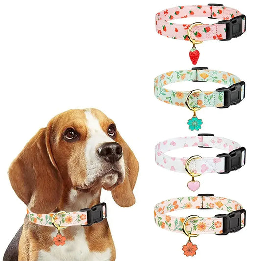 Cotton Pet Dog Collar Strawberries Flower Pattern Metal